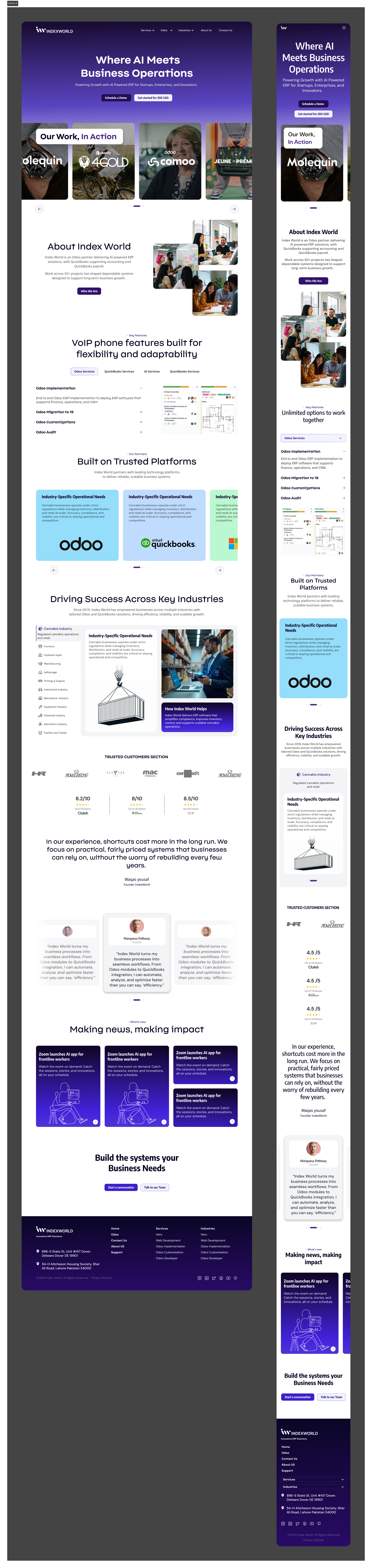 Consultancy landing page design with deep-purple/indigo gradients, the tagline "Where AI Meets Business Operations," and collaborative workspace imagery, shown at desktop and mobile widths