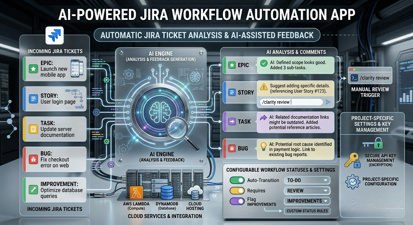 AI-Powered JIRA Workflow Automation App diagram: AI engine analyzing Jira tickets with feedback, configurable workflow settings, and AWS Lambda/DynamoDB cloud services