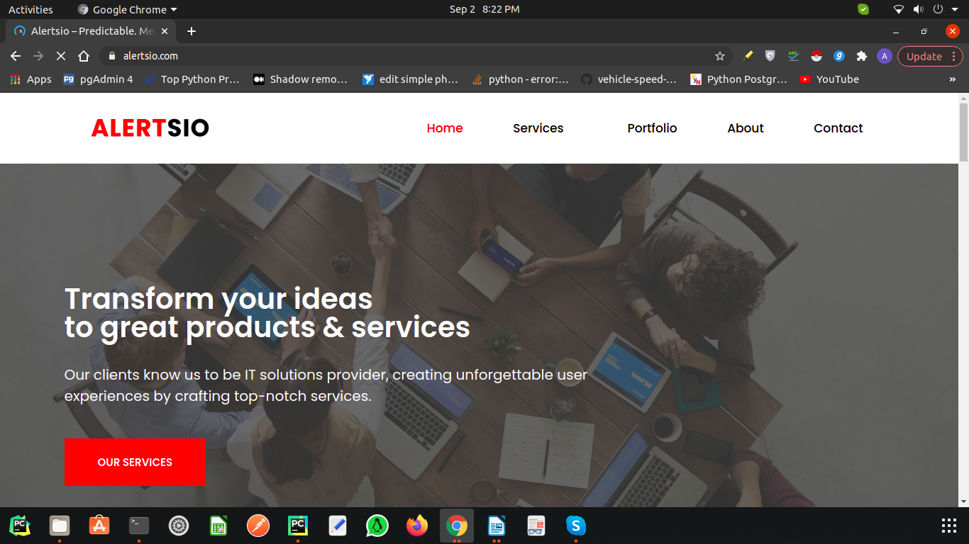 Alertsio homepage: "Transform your ideas to great products & services"