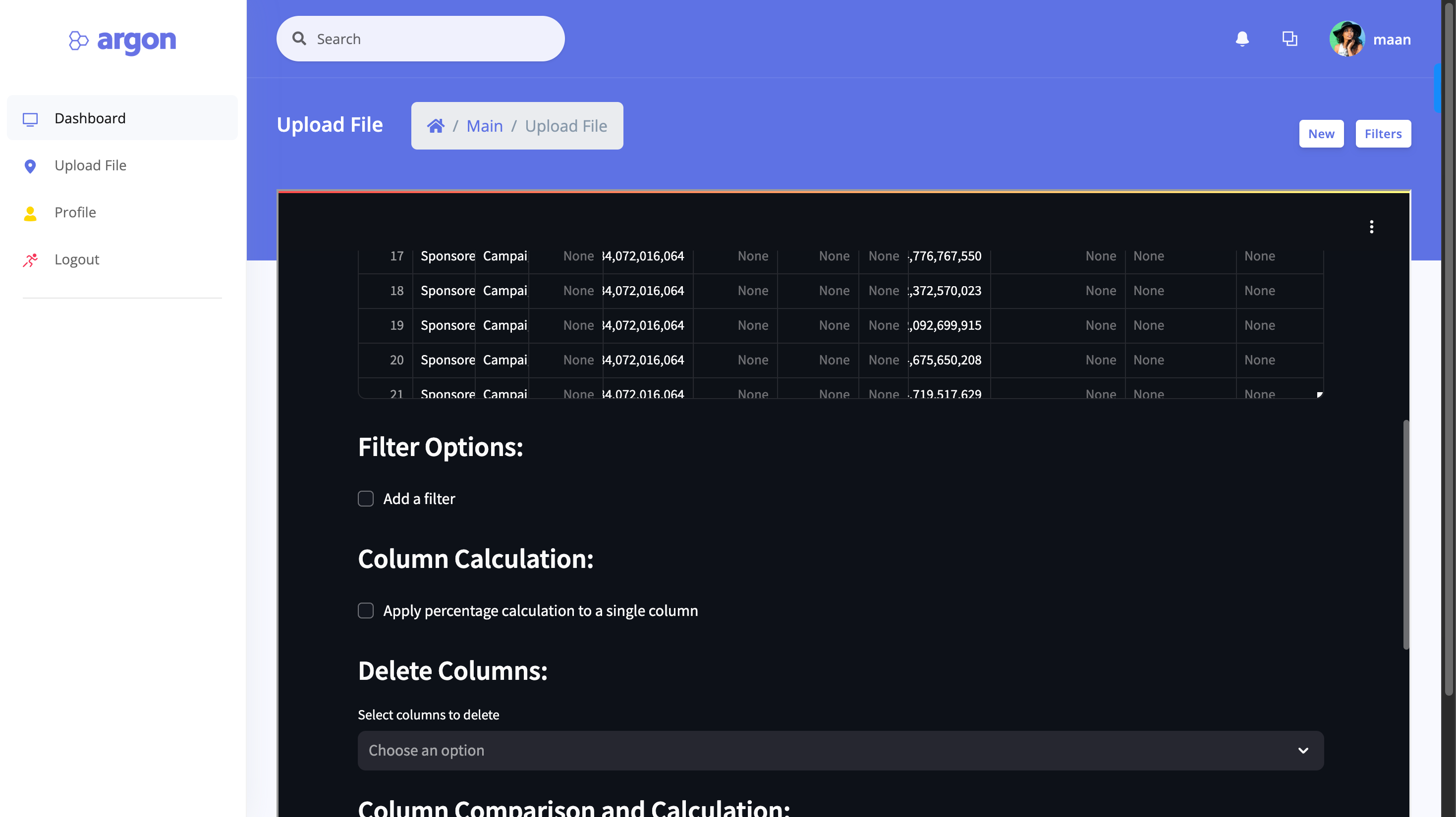 Amazon Excel File Processor upload page with filter options, column calculation, and delete columns tools over an uploaded dataset