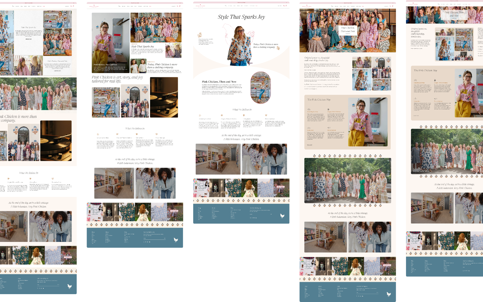 Pink Chicken UI/UX redesign with fluid layouts, soft curves, overlapping imagery, and white space, including "The Pink Chicken Way" and "Pink Chicken: Then and Now" pages