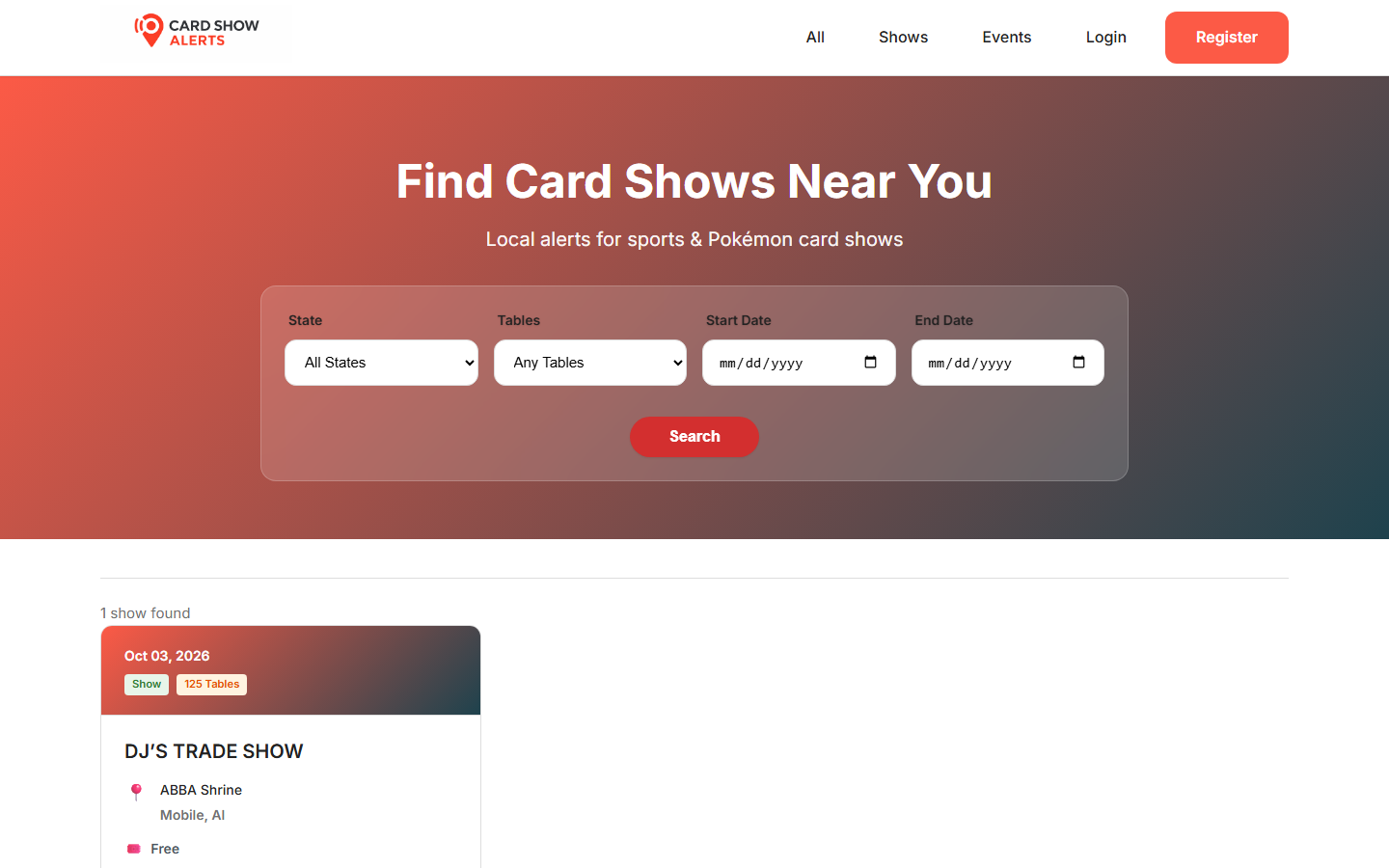 Card Show Alerts homepage: find card shows near you