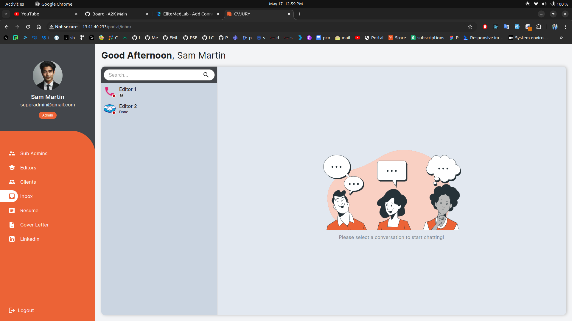 HRMS platform chat inbox with a list of conversations
