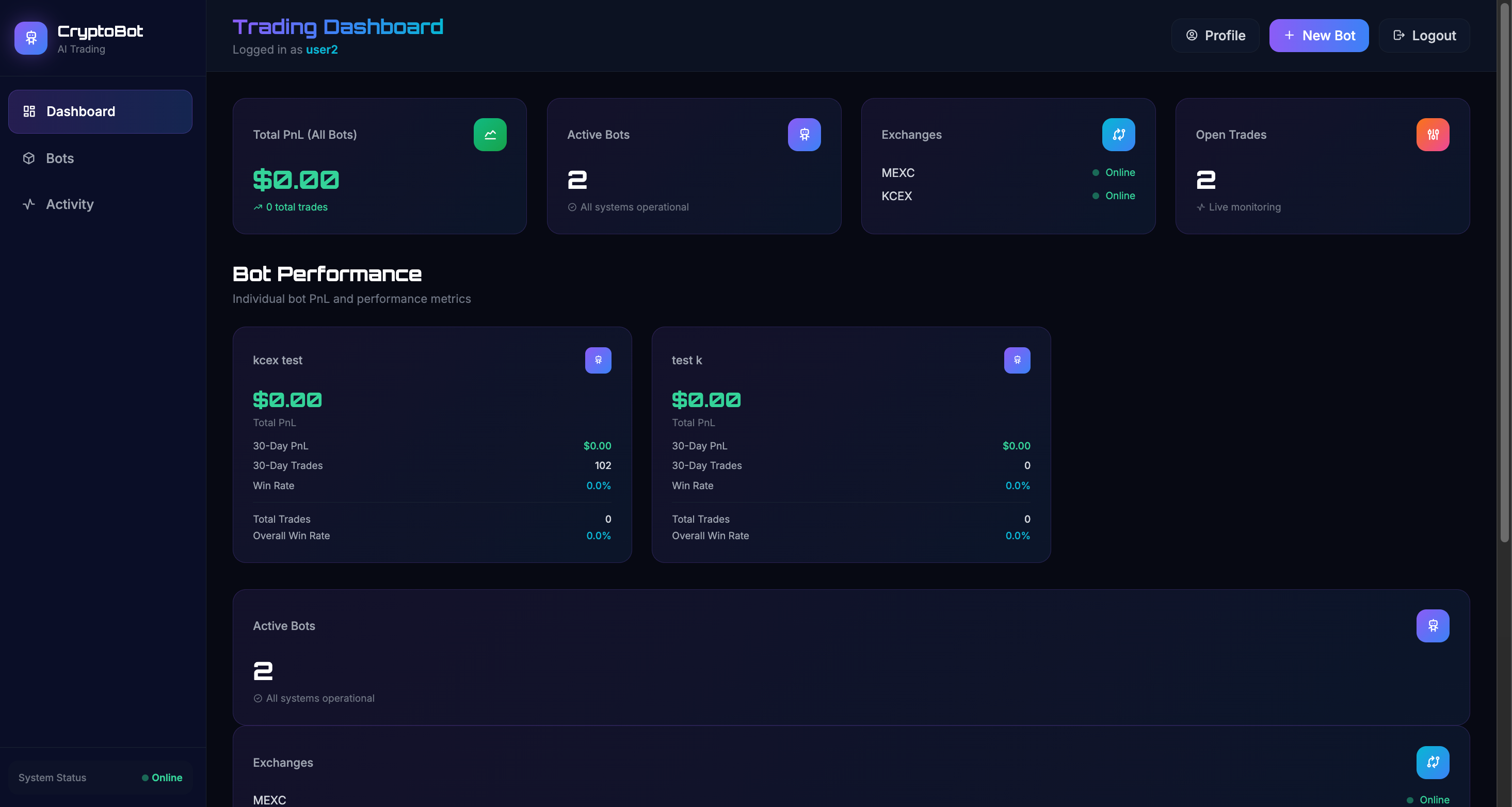 CryptoBot AI trading dashboard showing active bots, connected MEXC and KCEX exchanges, and open trades