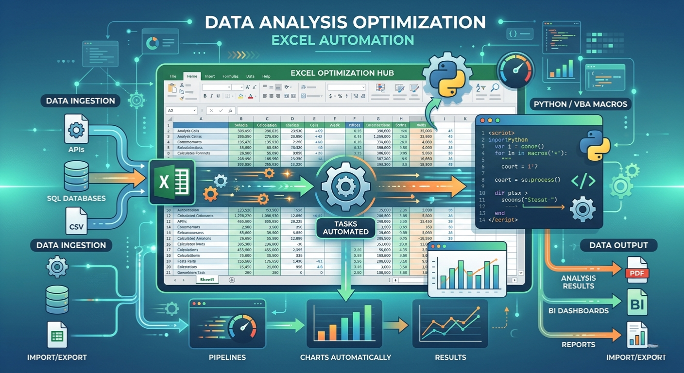 Excel macro data analysis optimization diagram: data ingestion, Python/VBA macros, automated pipelines, charts, and report output