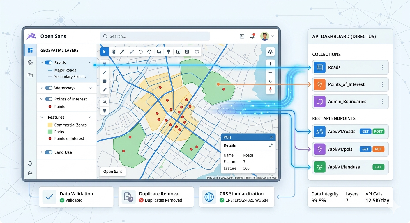 Directus API dashboard showing cleaned Roads, Points of Interest, and Admin Boundaries collections with REST API endpoints