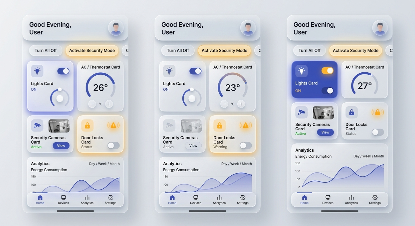 HomeSphere mobile app dashboard with lighting, AC/thermostat, security cameras, door locks, and energy consumption analytics