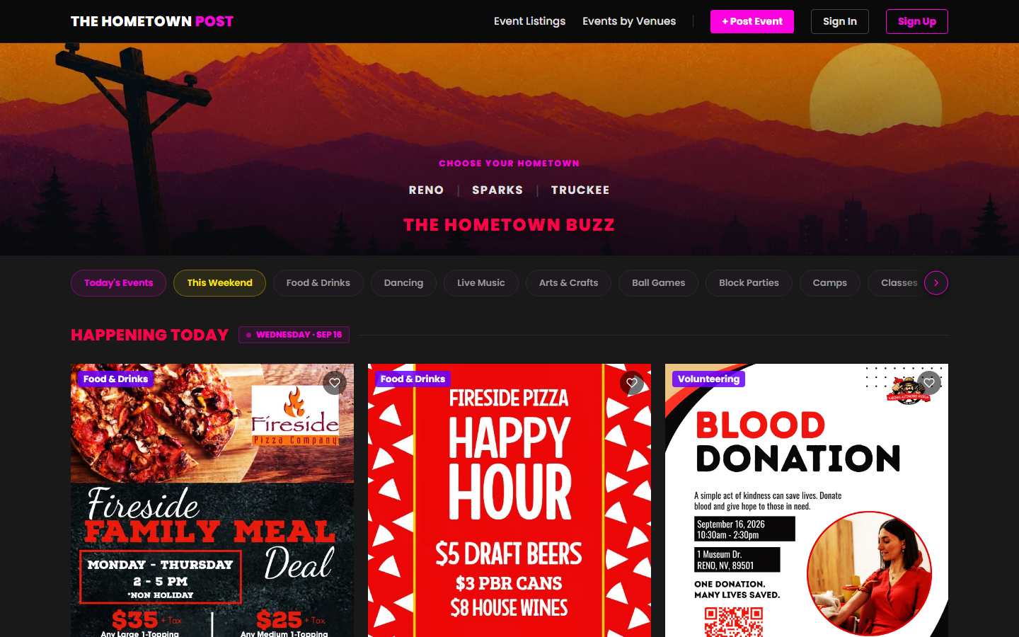 The HomeTown Post live site: local event listings homepage
