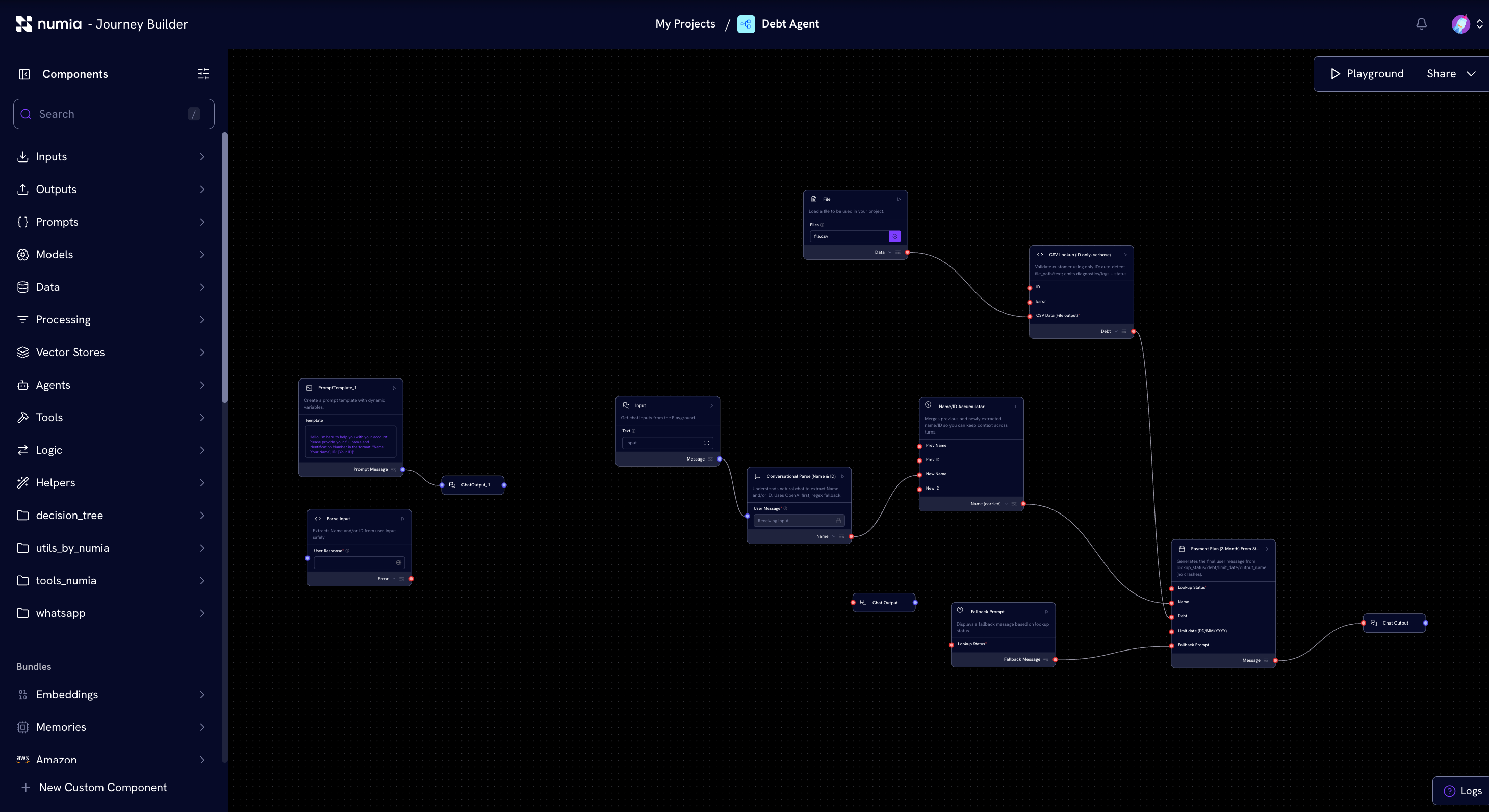 LangChain Debt Agent workflow builder with CSV lookup, name/ID accumulator, conversational parsing, and payment plan generation nodes