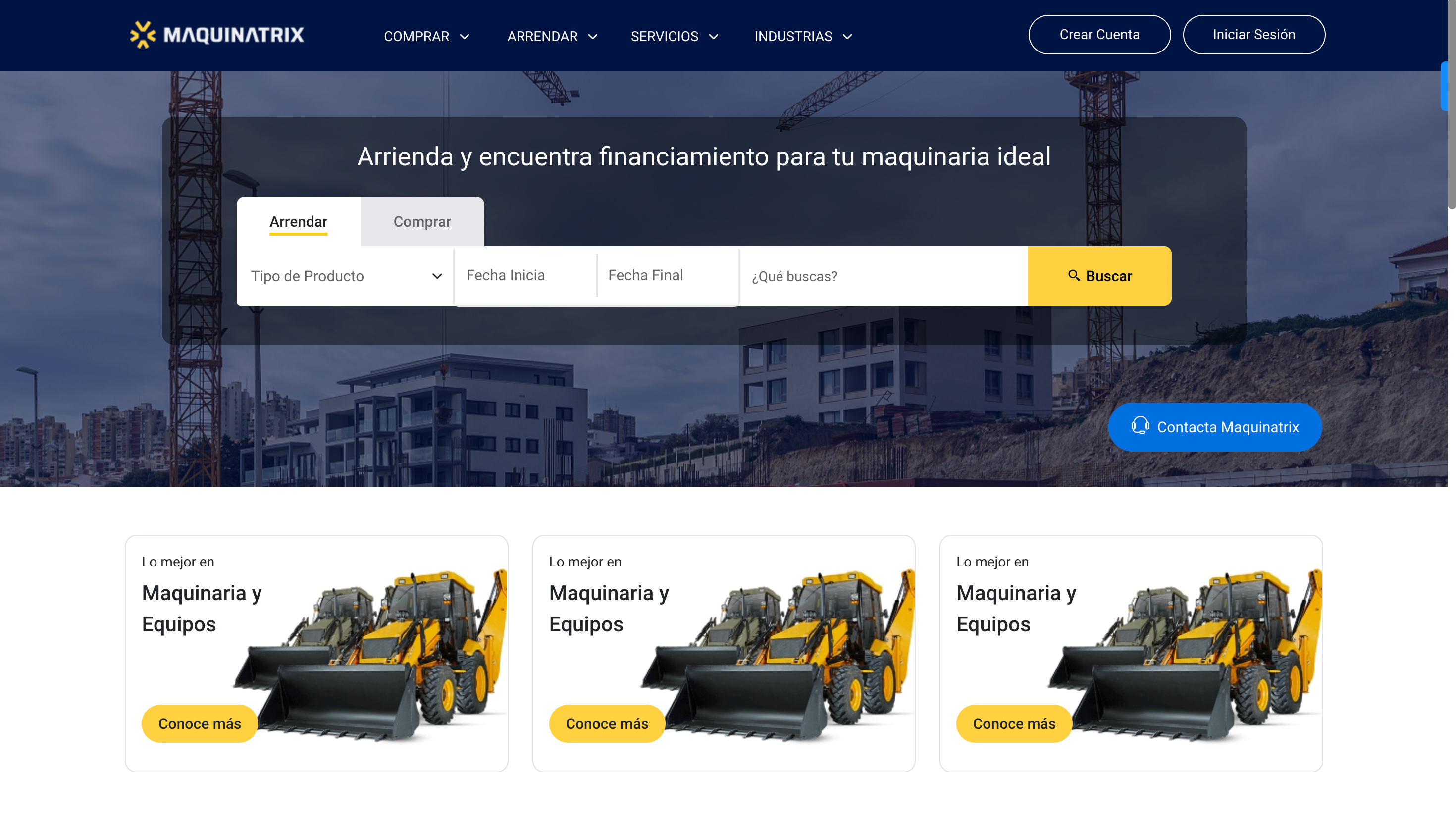Maquinatrix homepage with rent/buy search for heavy machinery and equipment