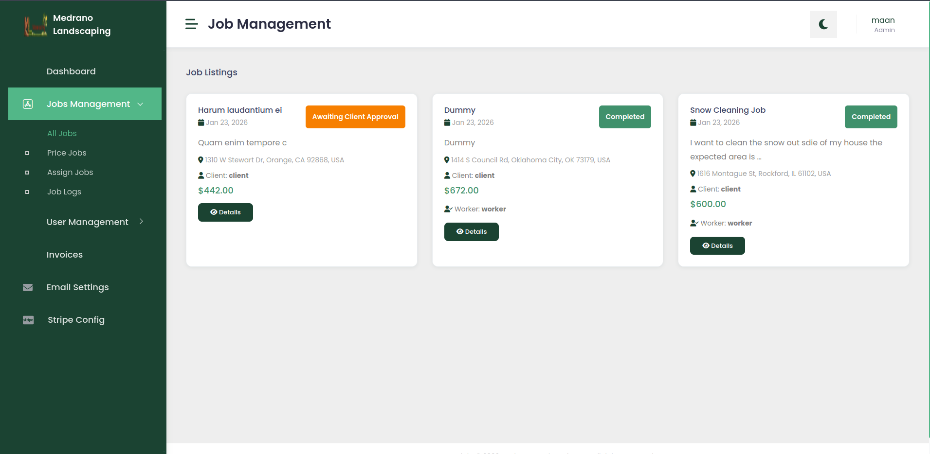Medrano Landscaping job listings page showing job status, client, and assigned worker