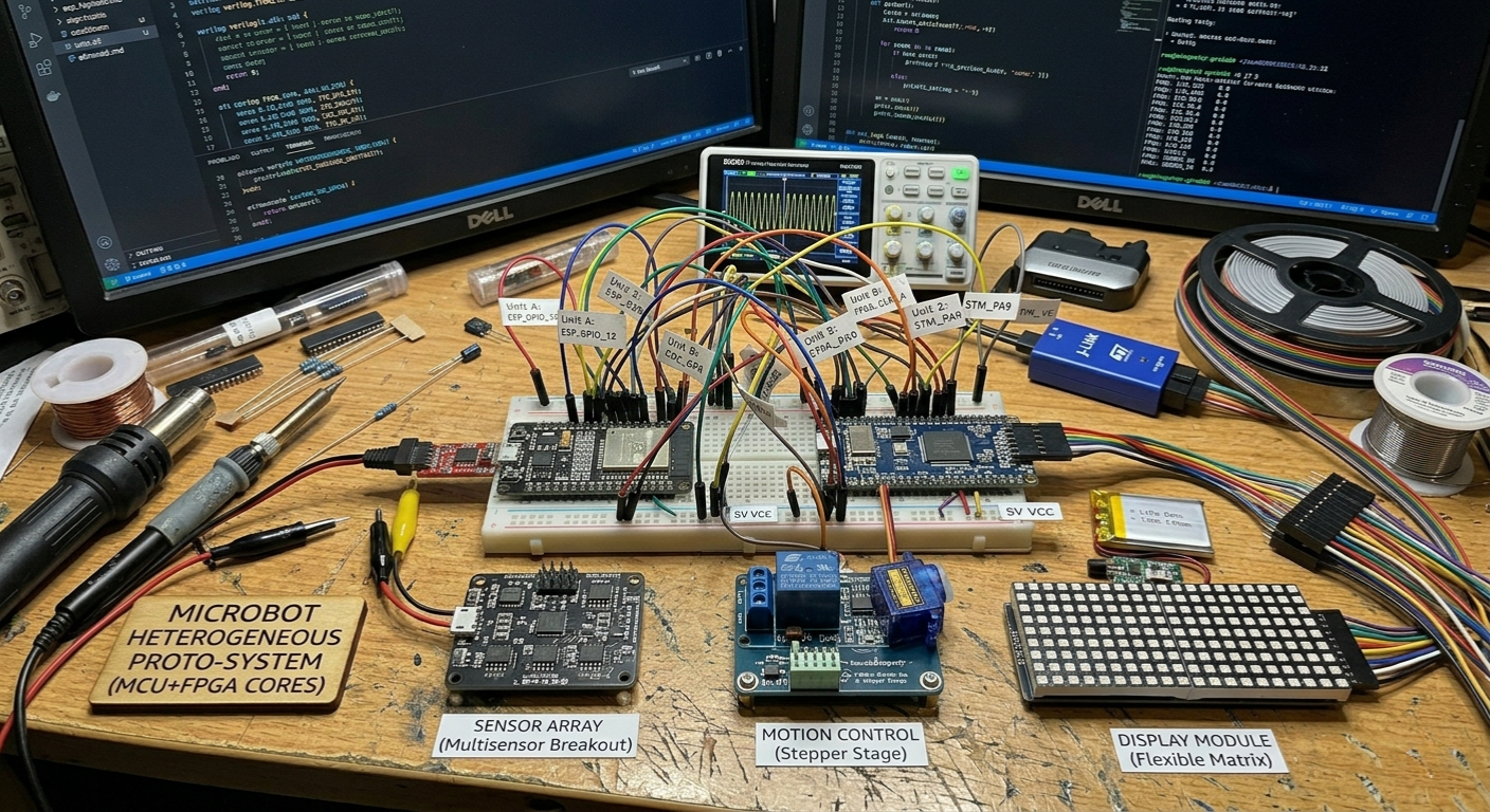 Microbot heterogeneous MCU and FPGA proto-system with sensor array, motion control, and display module