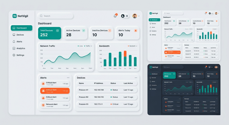 NetVigil network monitoring dashboard in light and dark mode