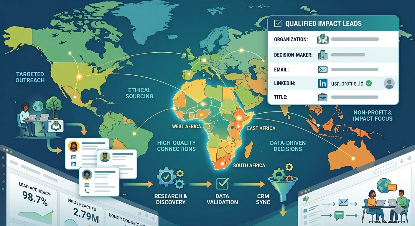 Non-Profit SaaS Global Lead Gen diagram: targeted outreach, research and discovery, data validation, and CRM sync producing qualified impact leads with organization, email, and LinkedIn details