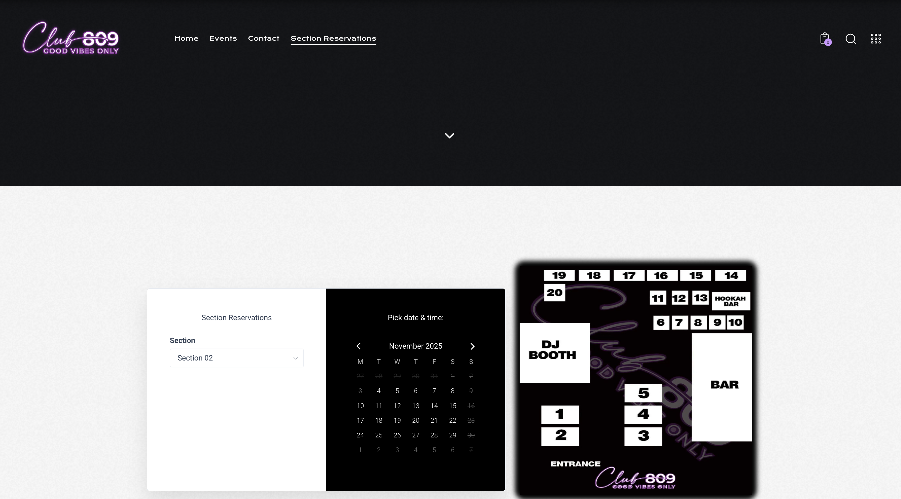 Club 809 section reservations page with a date picker and a numbered table floor plan showing the DJ booth, bar, and entrance
