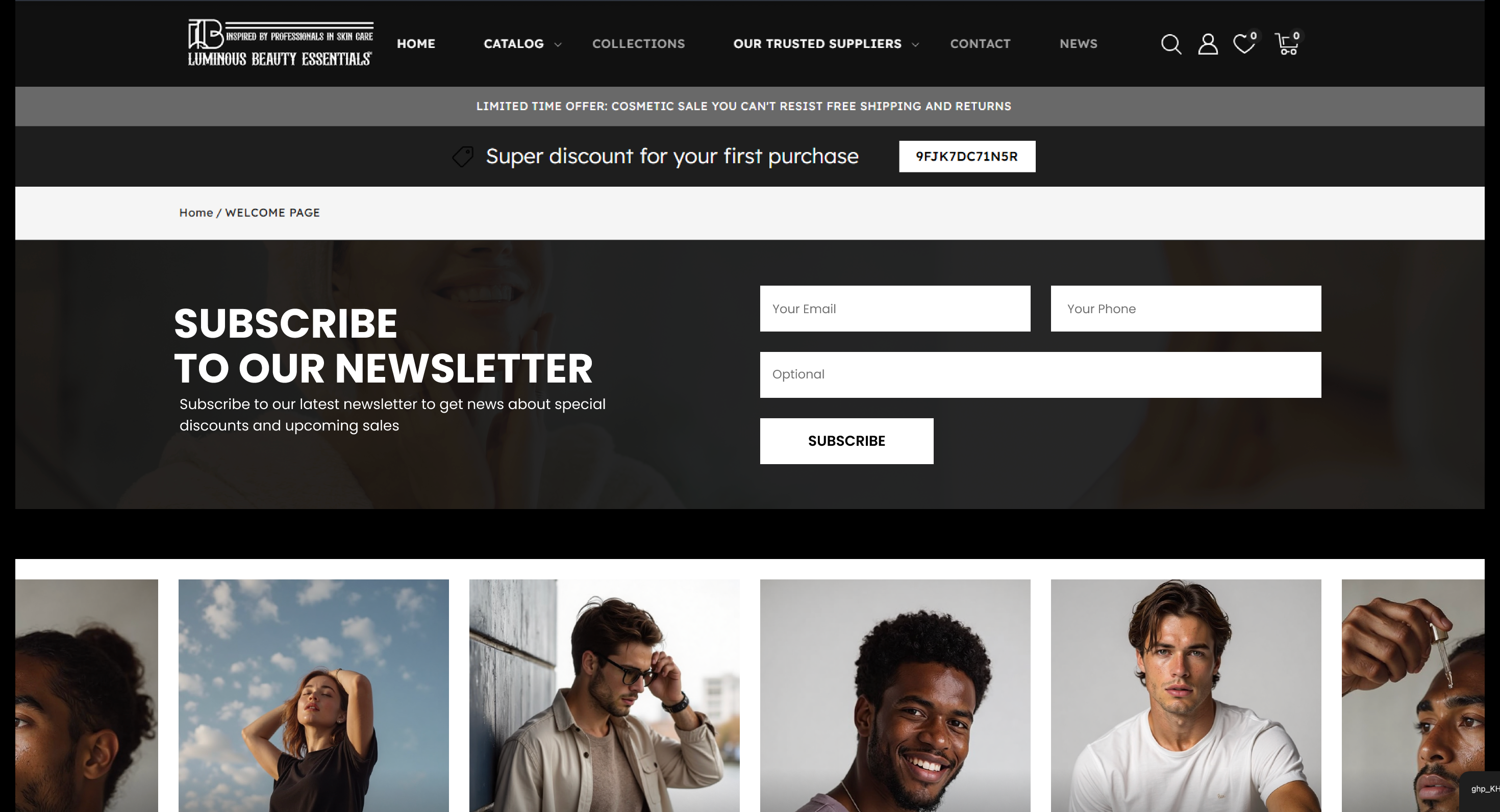 Revamped Shopify landing page for a skincare brand with a polished newsletter signup section and product grid