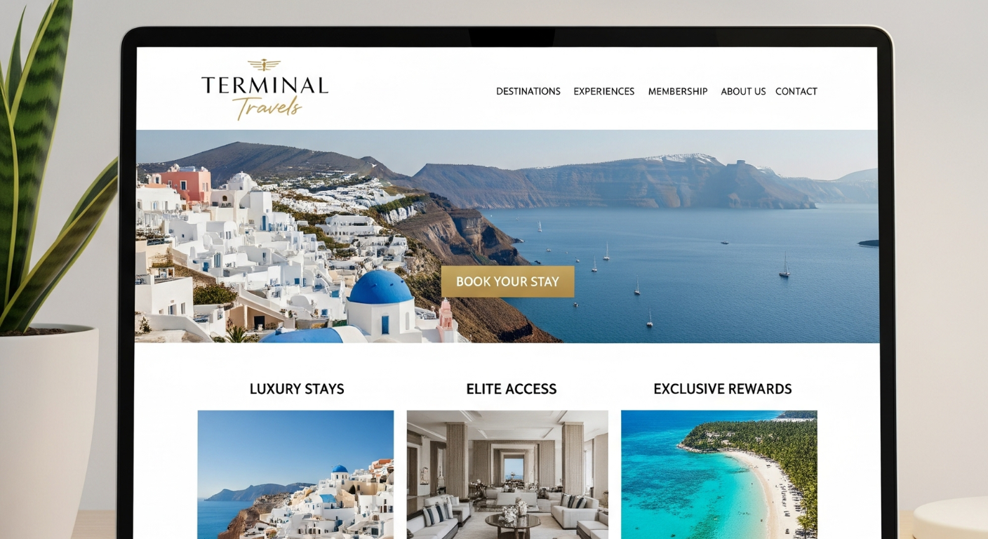 Terminal Travels homepage with luxury stays, elite access, and exclusive rewards sections