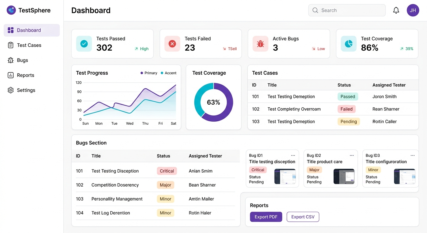 TestSphere dashboard with tests passed/failed, active bugs, test coverage, and recent test cases