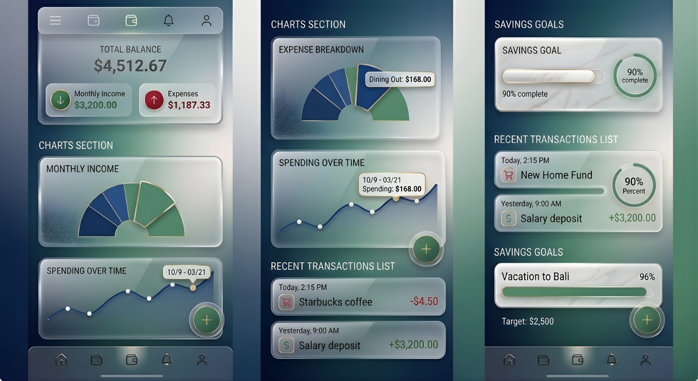 WalletPilot app screens: total balance dashboard, expense breakdown and spending charts, and savings goals, in a glassmorphism style