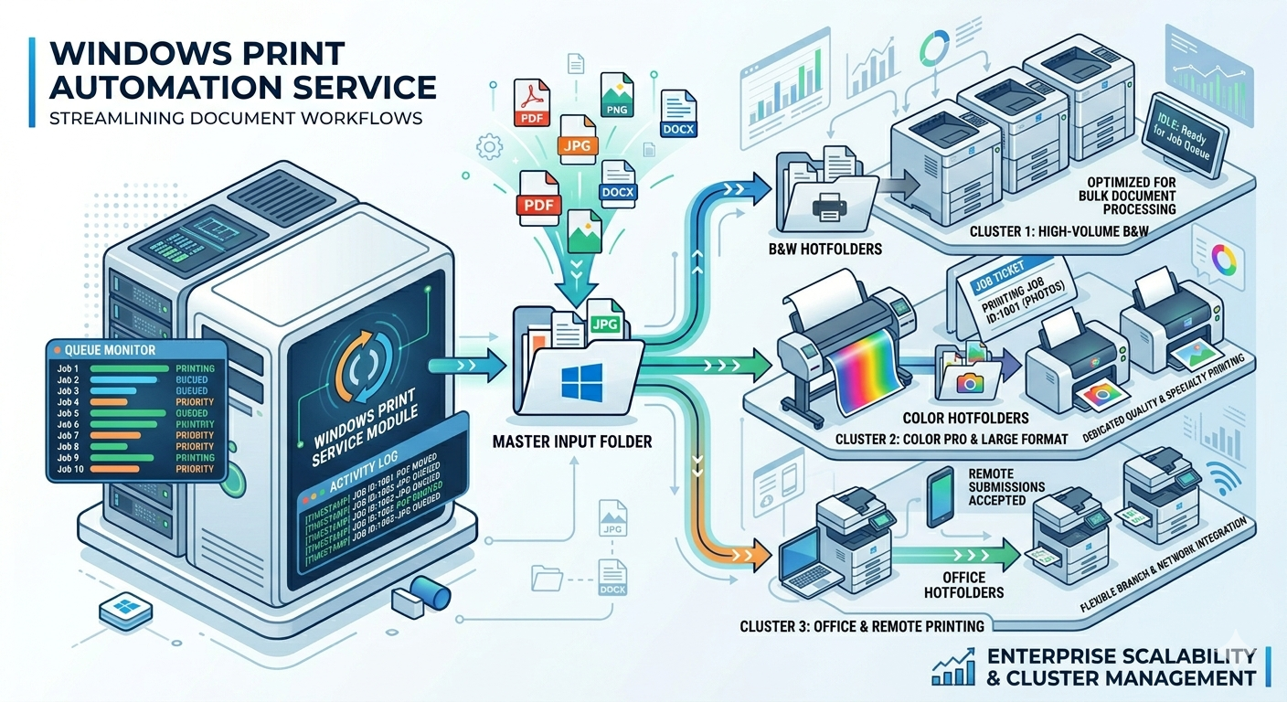 Windows Print Automation Service diagram: master input folder routing files to black-and-white, color, and office hotfolders across printer clusters